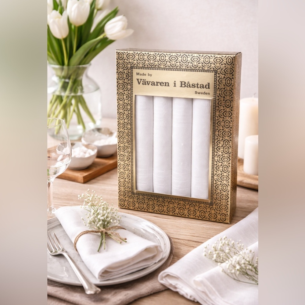 Vintage Swedish 100% Linen Napkin Set 45x45 Vavaren i Bastad Davids Harpa Boxed
